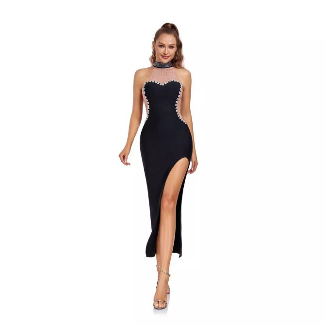 Women's Perspective Mesh Hot Diamond Splicing Split Bandage Dress - Image 5