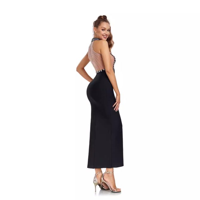 Women's Perspective Mesh Hot Diamond Splicing Split Bandage Dress - Image 3