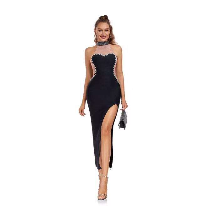 Women's Perspective Mesh Hot Diamond Splicing Split Bandage Dress - Image 2